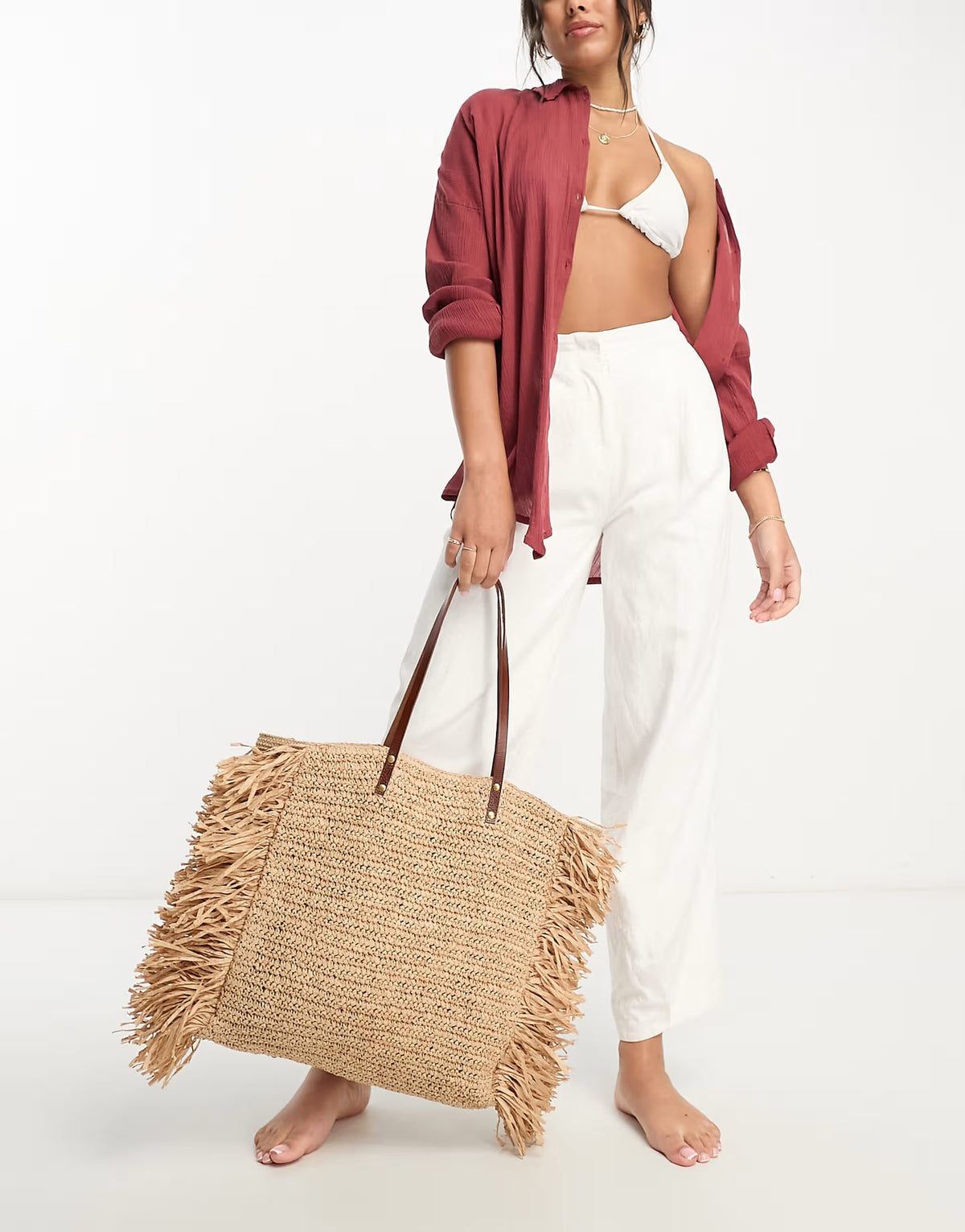 Accessorize fringed straw beach tote bag in beige