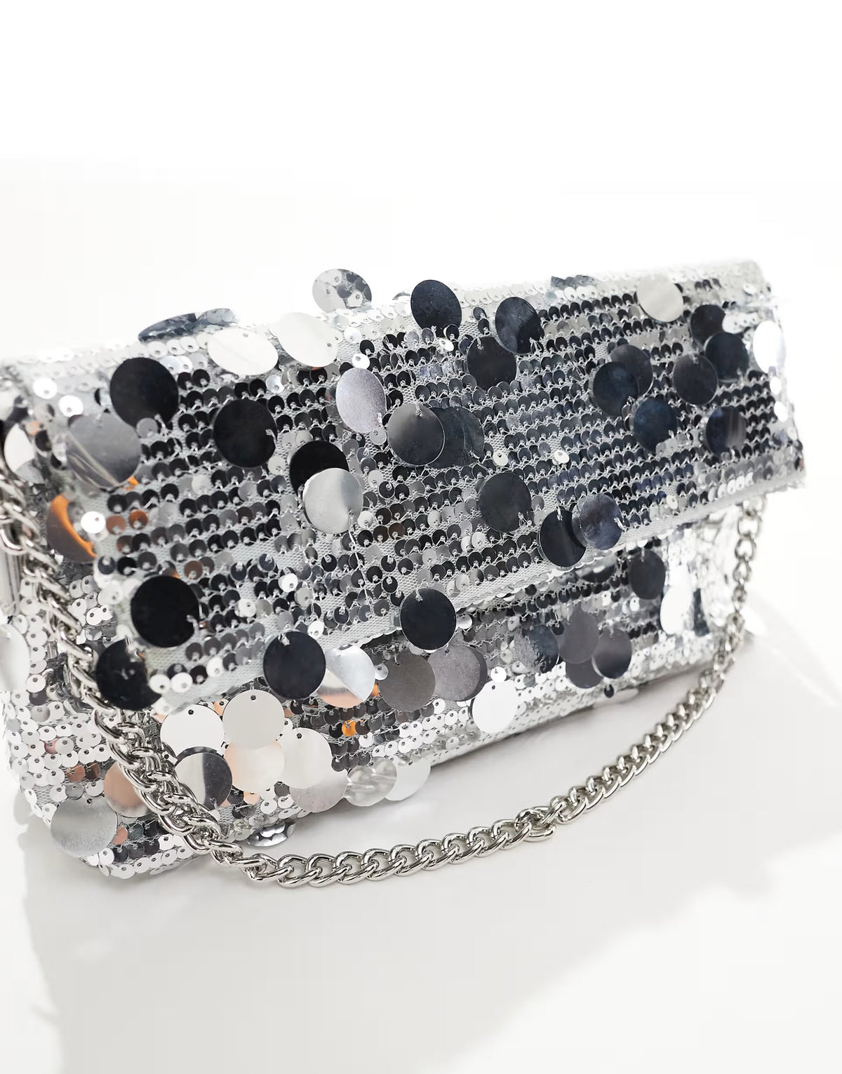 True Decadence sequin clutch bag with crossbody strap in silver