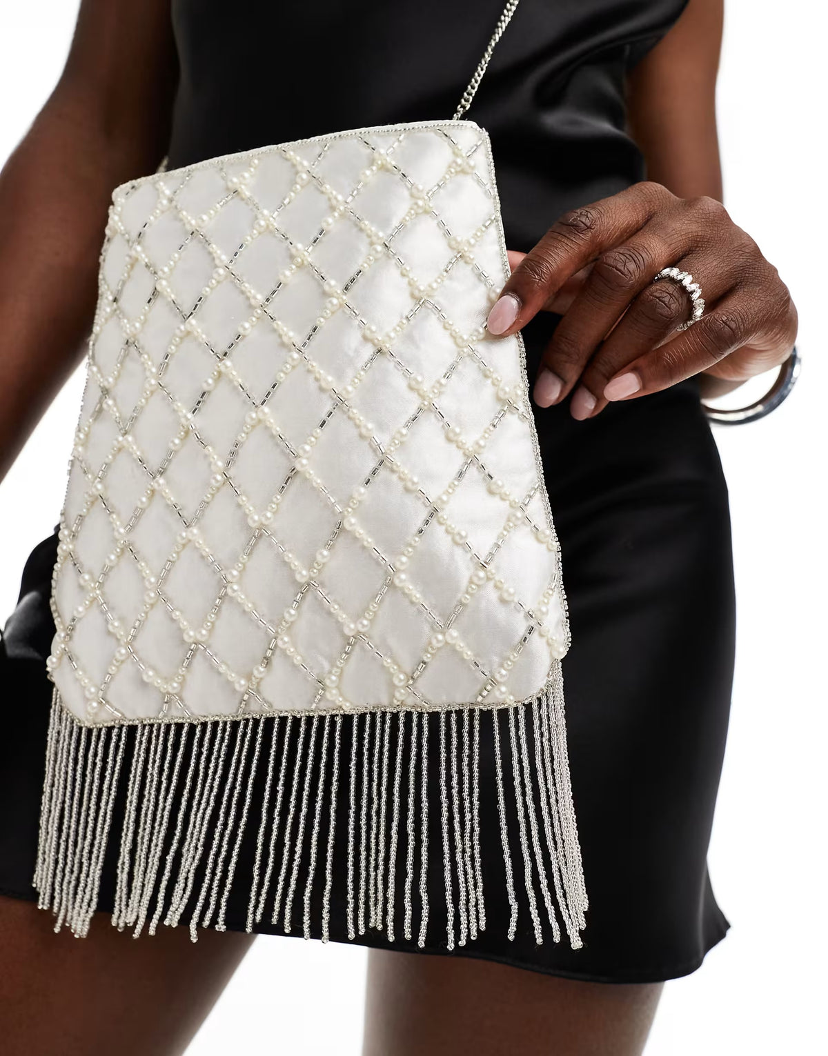 True Decadence pearl beaded bag with tassle detail in off white