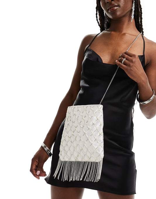 True Decadence pearl beaded bag with tassle detail in off white