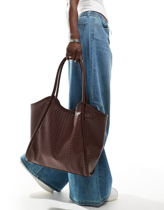 ASOS DESIGN weave tubular tote bag in chocolate brown