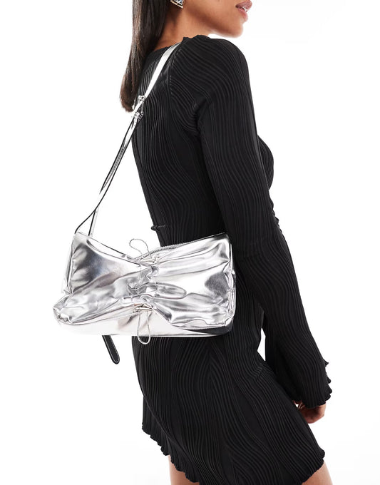 Glamorous rouched crossbody bow bag in silver