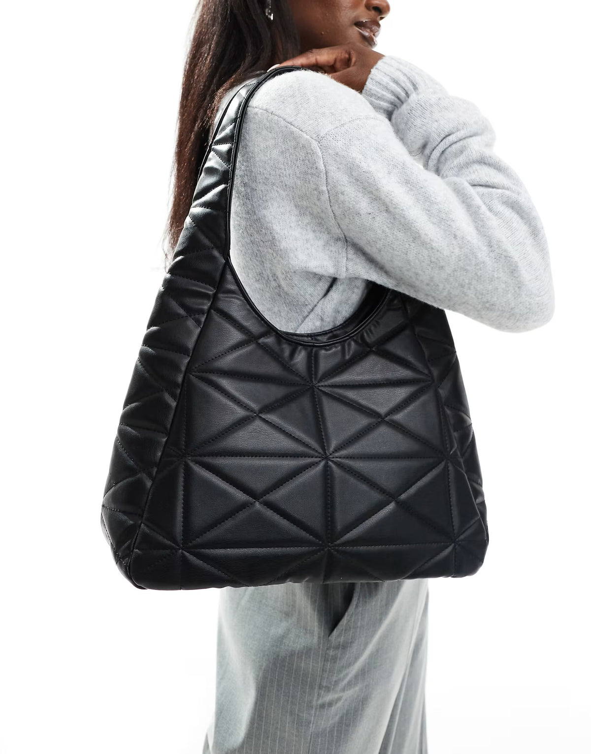 Glamorous quilted textured shoulder tote bag in black