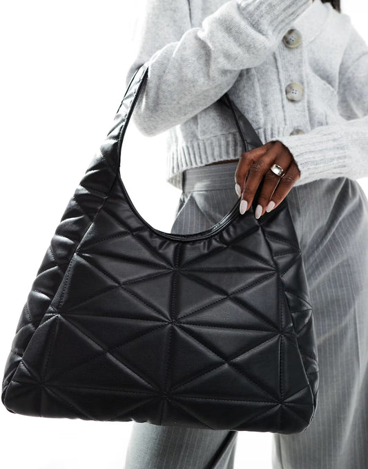 Glamorous quilted textured shoulder tote bag in black