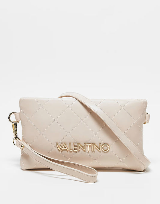 Valentino nur re small quilted clutch bag with wristlet strap in ecru