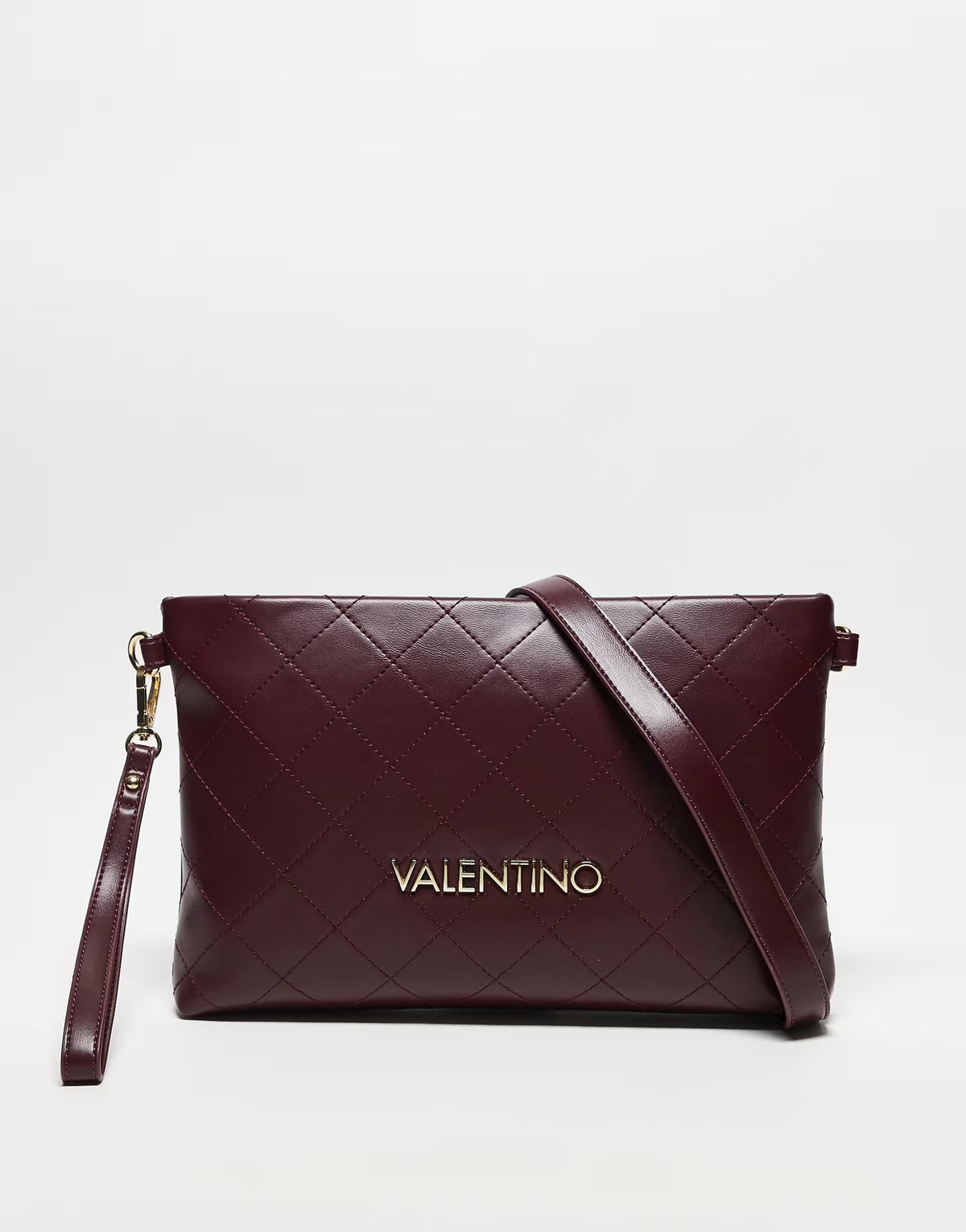 Valentino nur re large quilted large clutch bag with wristlet strap in burgundy