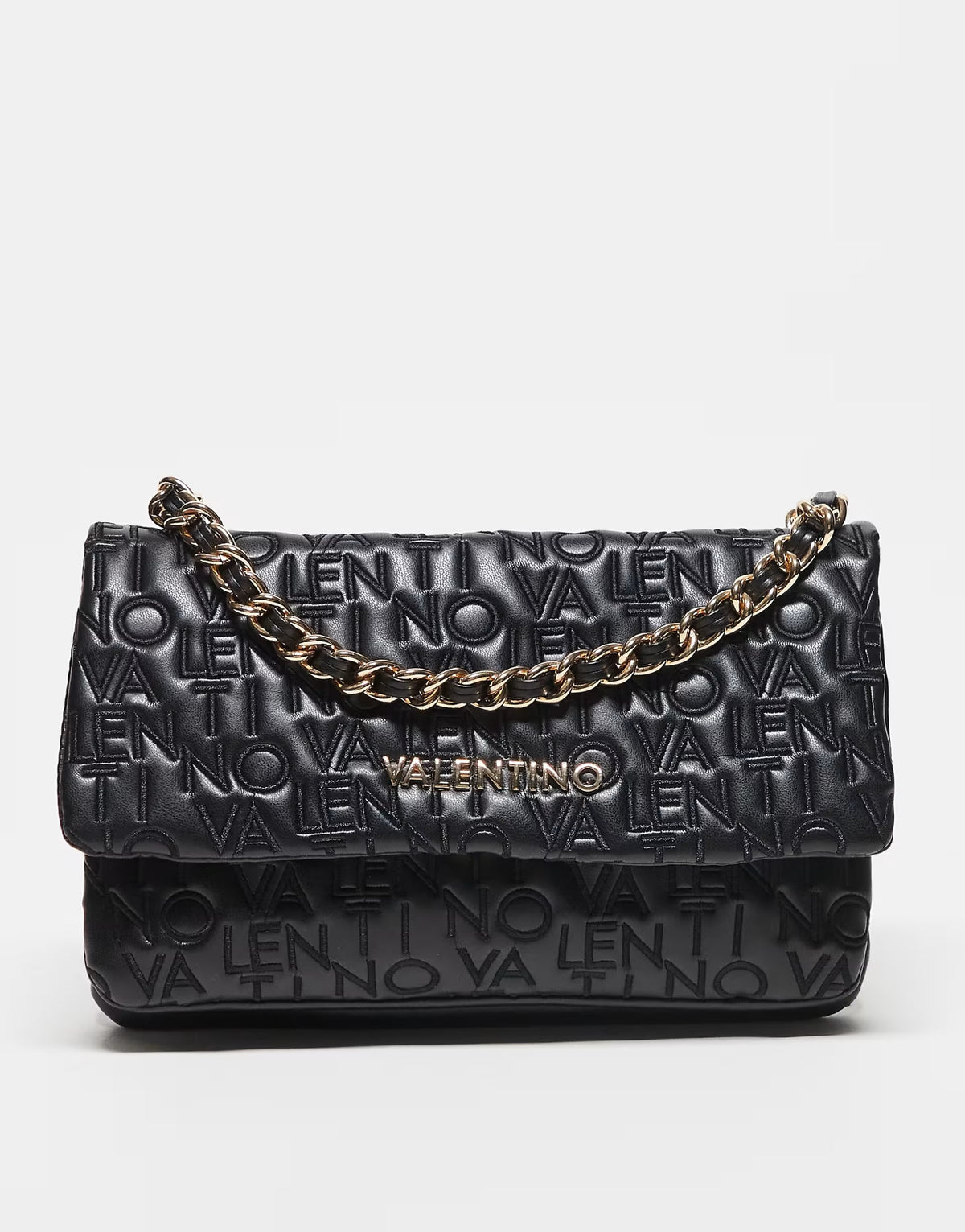 Valentino dram embroidered logo crossbody bag with chain strap in black