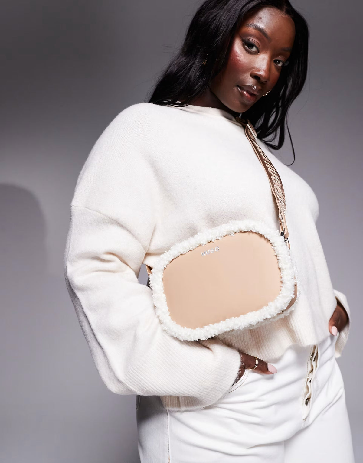 HUGO Red bel crossbody bag in beige with sherpa lining detail