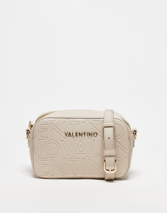 Valentino pansy embossed logo camera crossbody bag in ecru