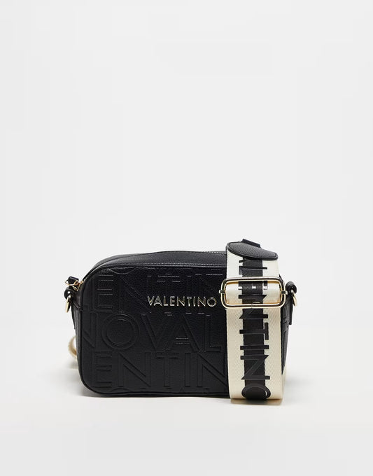 Valentino pansy embossed logo crossbody camera bag in black