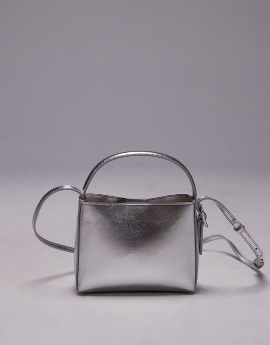 Mango cross body mini bucket bag in silver