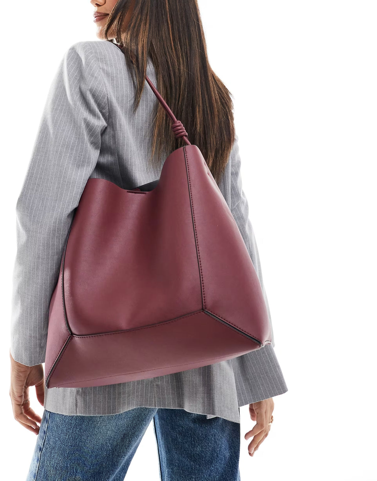 ASOS DESIGN panelled tote bag with knot handle in burgundy