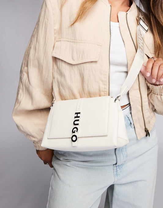 HUGO Red Mel crossbody bag in off white with metal logo hardware