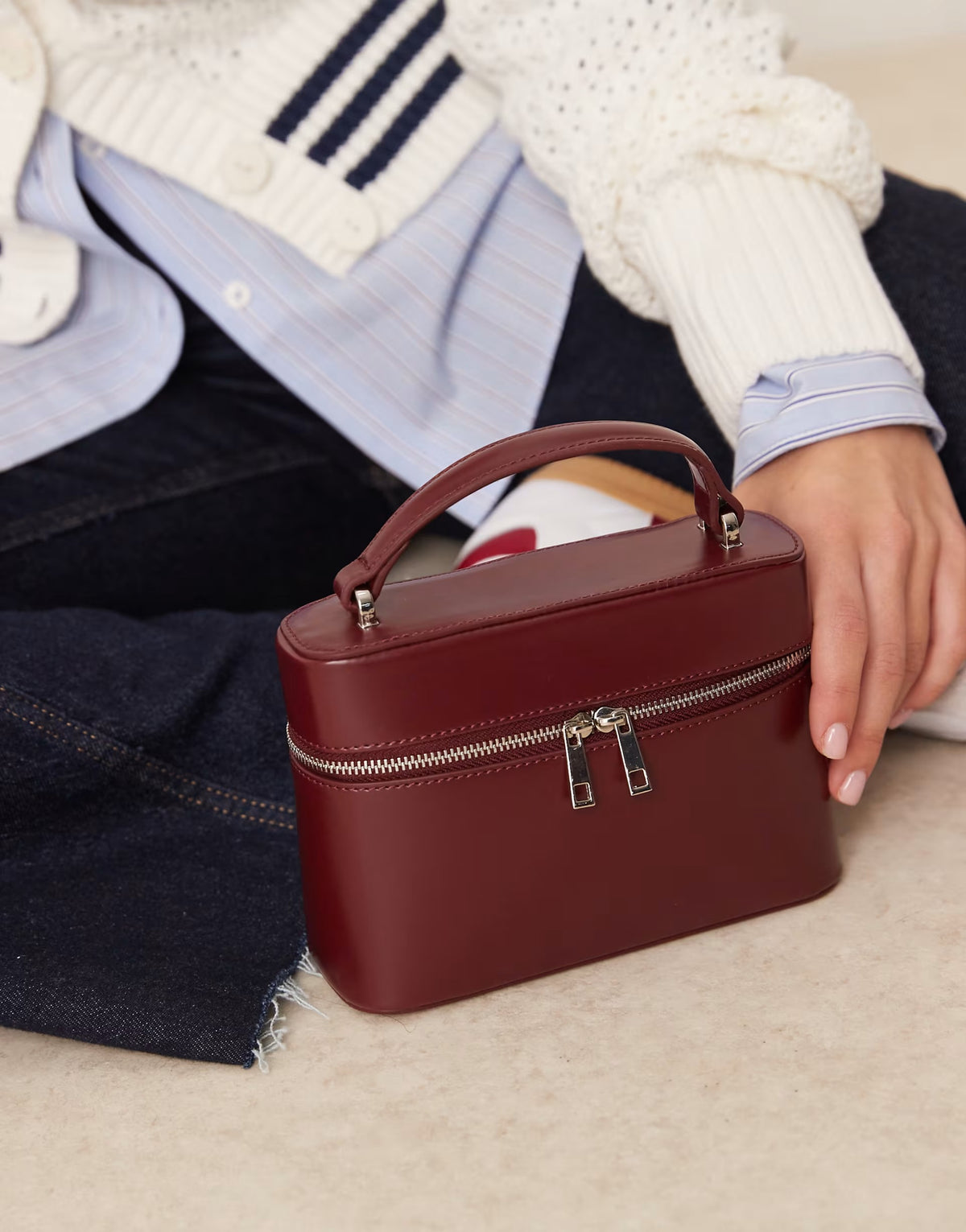 ASOS DESIGN vanity box bag with detachable cross body strap in burgundy