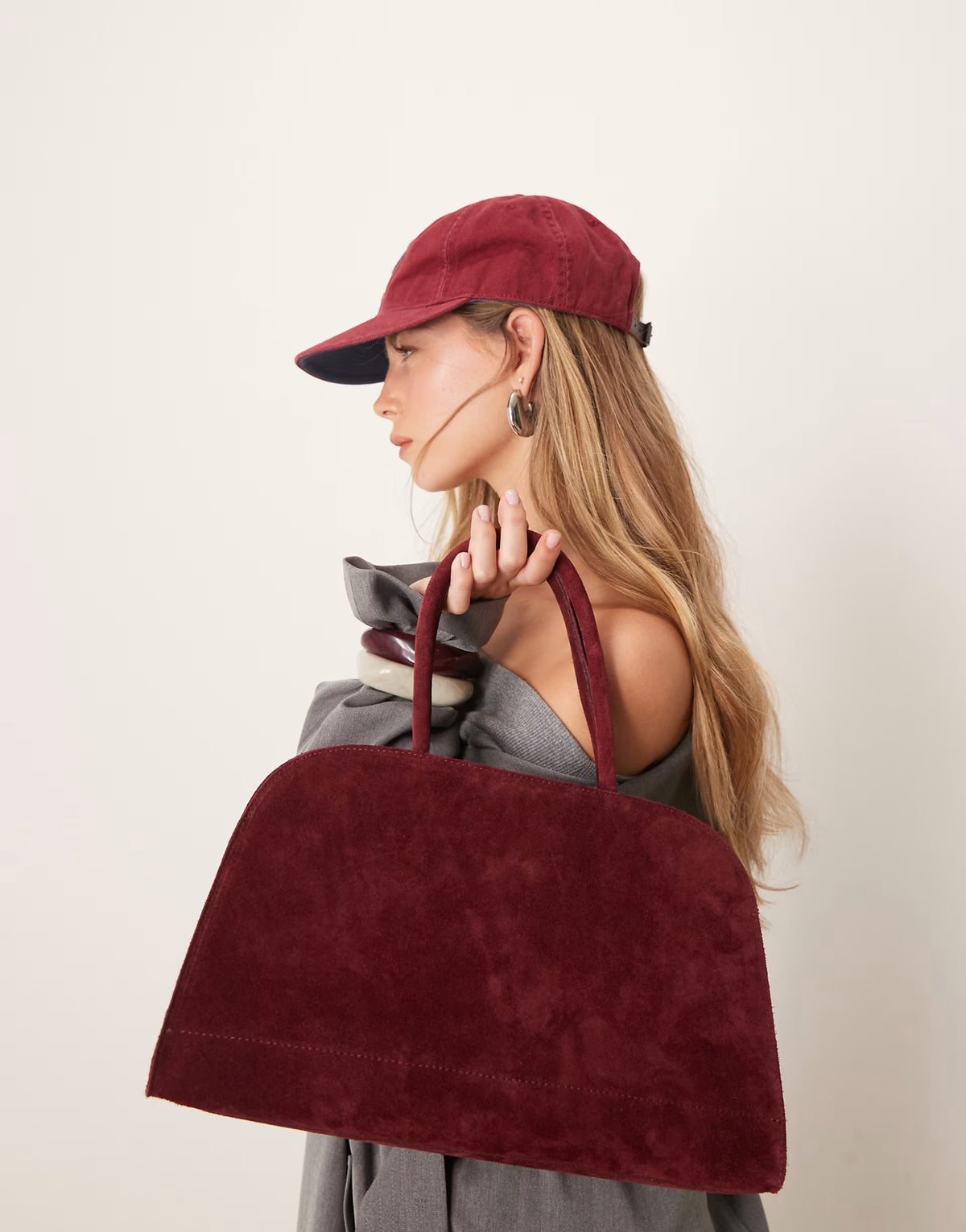 ASOS DESIGN suede bowler tote bag in burgundy