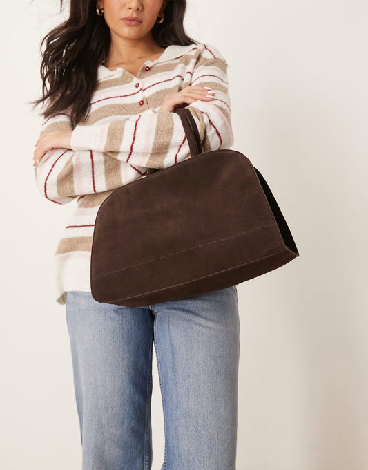 ASOS DESIGN suede bowler tote bag in chocolate