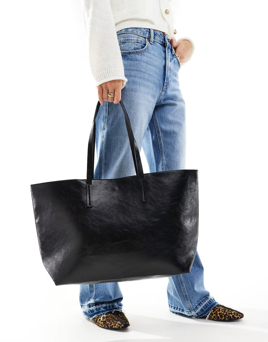 Pull&Bear oversized faux leather tote bag in black