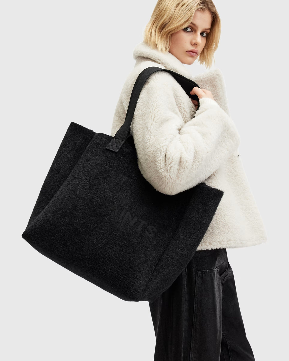 AllSaints Izzy fuzzy tote in black